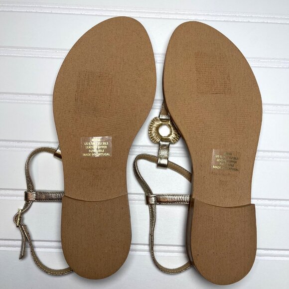 Bruno Magli Jenna Women 9.5 Gold Leather T-Strap Sandals Made in Portugal Raffia - Picture 11 of 11